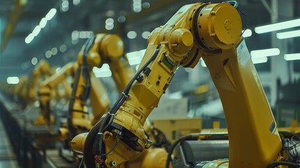 Sticker - An engineer checks and controls robot arms machines in an intelligent factory industrial on a real-time monitoring system. Robotic welding and digital manufacturing.