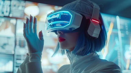 Aufkleber - The girl in glasses of virtual reality presses the start button on an augmented reality game. Future technology, AI concept. Holographic interface to display data.
