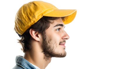 Poster - Young man in profile wearing a yellow cap. Casual style, light background. Modern and youthful image perfect for lifestyle content. AI