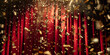 © Lucianastudio - gold confetti blurred defocused falling from the top with red curtain background.
