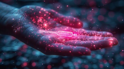 Poster - A digital key in hand in a futuristic polygonal style. Concept of privacy or problem solving. Modern abstract illustration incorporating glowing holograms.