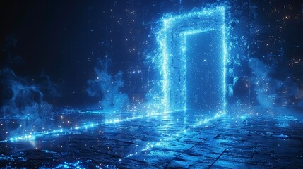 Aufkleber - An open door digital modern illustration on a blue background. A futuristic science fiction concept of the doorway.