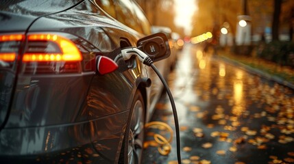 Poster - Charger power supply for electric cars. Charger power supply plugged into an electric car. Close-up.