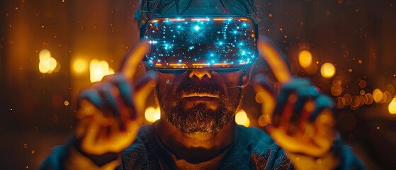 Aufkleber - Using a VR device, a man is immersed in a virtual world. Virtual reality, augmented reality, AI technology, entertainment industry, educational learning.