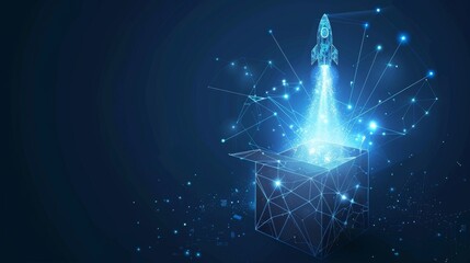 Leinwandbilder - An abstract image of an open box and rocket launch. Think outside the box. Low poly style design. Geometric background. Wireframe light connection structure. Modern 3D graphic concept. Isolated