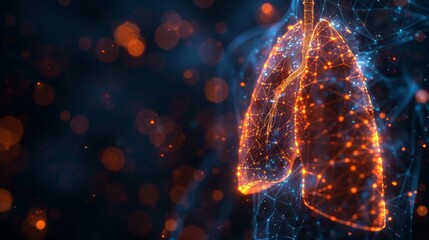 Poster - Lungs. Polygonal wireframe composition. Banner concept, treatment of lung diseases. Abstract illustration isolated on dark background. Particles are connected in geometric shapes.