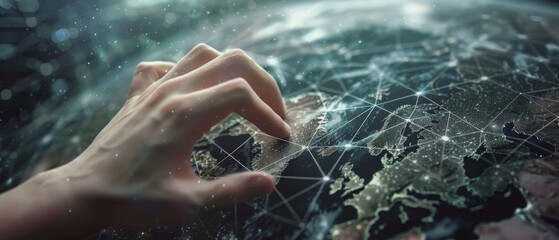 Poster - 3D rendering of a businessman interacting with a global network and data exchanges over the globe