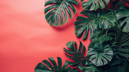 Wall Mural - Minimal Summer: Philodendron Tropical Leaves on Coral Background