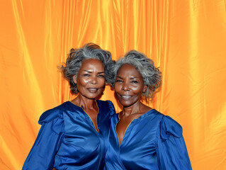 Two women of African origin, twins with silver hair, smile in blue against a textured orange background.