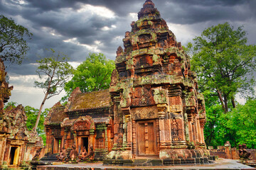 Banteay Srei - 10th century Hindu temple and masterpiece of old Khmer architecture built by Yajnavaraha in red sandstone at Siem Reap, Cambodia, Asia