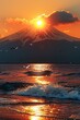 Moody Sunset Panorama of Mount Fuji over Ocean Academia Generative AI