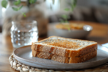 two slices of warm bread taken directly from the toaster placed in a plate in front of the modern, on a decorative stand made of cereal leaves