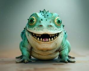 Sticker - A green frog with big teeth and green eyes. Generative AI.