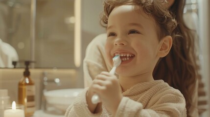 Sticker - A young child brushing his teeth in a bathroom with a woman. Generative AI.