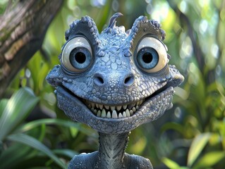 Sticker - A close up of a smiling dinosaur with big eyes. Generative AI.