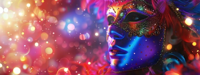 Poster - A colorful mask with bright lights and glitter. Generative AI.