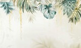 Fototapeta  - watercolor luxury rich light colors gold 3d big palm Livistona leaves hanging down. AI generated illustration