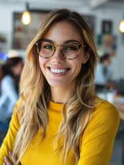 Wall Mural - A woman in a yellow shirt with glasses smiling. Generative AI.