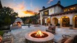 an image that perfectly captures the luxurious yet inviting ambiance of a villa's outdoor space, with special attention to the refined design of the fire pit area