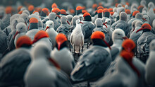 Standing Out From The Crowd , White Bird Standing Between Man Gray Birds, 