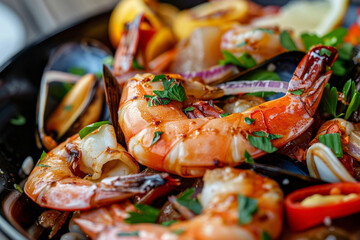 Wall Mural - A close-up of a seafood dish prepared by a master chef. The dish is a feast for the eyes as well as the palate