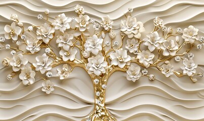 3D wallpaper golden tree life with white flowers, 3D mural wallpaper high quality AI generated image