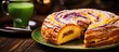 A slice of king cake sits on a plate next to a cup of green tea. This baked good is a staple food in many cuisines, made with ingredients like roulade and produce
