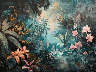 Wall Mural - Beautiful nature background of vertical garden with tropical green leaf. AI generated illustration