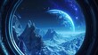 A fantasy stunning alien planet is viewed from the porthole window of a starship. The brilliant blue atmosphere and the remaining peaks of the mountains are visible from the porthole