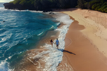 Wall Mural - Couple walking together alone on a private tropical island beach. The ocean waves are crashing into the sand and the husband and wife are holding hands. Aerial view captured by drone.