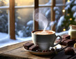 A coffee cup with hot foam and chocolates next to it and a winter landscape in the background