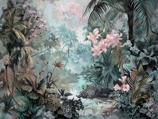 Wall Mural - Beautiful nature background of vertical garden with tropical green leaf. AI generated illustration