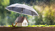 miniature house on wooden floor and umbrella on it