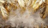 Fototapeta Natura - watercolor luxury rich light colors gold 3d big palm Livistona leaves hanging down. AI generated illustration