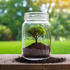 soil and small tree in a jar and green field in the background