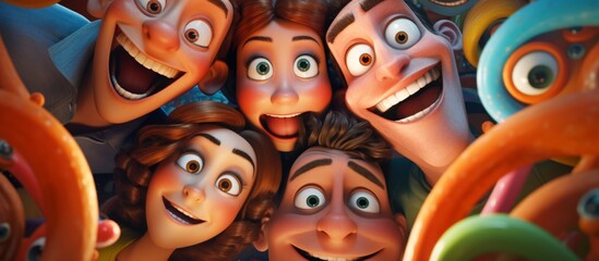 Poster - A group of cartoon characters with big smiles, exaggerated noses, prominent chins, expressive eyebrows, and cartoonish mouths are posing together for a picture, showcasing their unique art style