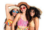 Fototapeta  - Three young women ready for summer vacations over isolated transparent background