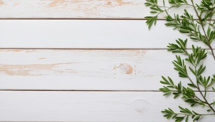 Wall Mural - White wooden background with fresh green herbs. Texture of painted boards. Rustic, vintage style. copy space. Flat lay, top view