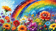 bright colorful flowers and rainbow painted with oil paints. colors of rainbow. summer background.