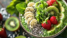 Nutritious Green Smoothie Bowl Topped With Fresh Fruits,  Kale, Banana, Avocado, Kiwi, Strawberries, Chia Seeds. Healthy Breakfast, Superfood Concept