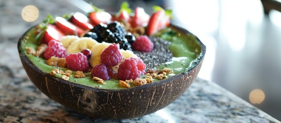 Wall Mural - Nourishing smoothie bowl served in a coconut with creamy blend of berries, banana, yogurt, topped with fresh fruits, granola. Healthy breakfast, dessert vegan concept