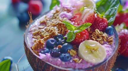 Wall Mural - Nourishing smoothie bowl served in a coconut with creamy blend of berries, banana, yogurt, topped with fresh fruits, granola. Healthy breakfast, dessert vegan concept