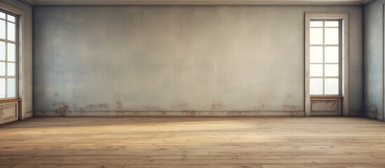 Sticker - An empty room in a building with two windows and hardwood flooring stained in tints and shades. The wooden floor contrasts with the asphalt rectangle facade