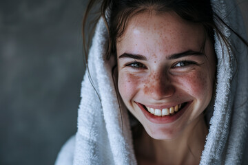 Wall Mural - A woman with a towel draped over her head is smiling. She has a few freckles on her face