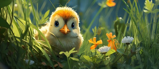 Canvas Print - A small bird with a beak and wing is sitting in the grass, surrounded by terrestrial plants and natural landscape. The bird looks happy and curious, with colorful petals in the background