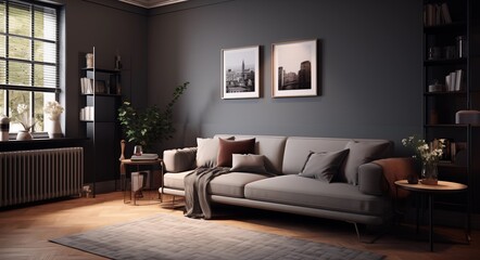 photo of an L-shaped white metal central oil chain radiator with three vertical rows of small rectangular horizontal sections, mounted on the wall in an elegant home interior, dark wooden flooring, gr