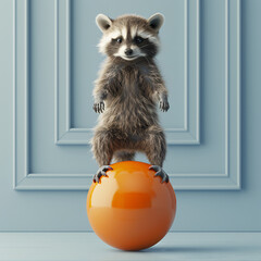 Wall Mural - Baby racoon balancing on an orange ball in a pastel blue room. Determination, overcome adversity concept.