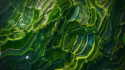 Wall Mural - 
an aerial view of terraced rice fields. The intricate patterns and lush greenery create a mesmerizing landscape