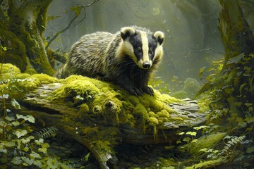 Wall Mural - Oil painting of a badger next to a moss covered fallen log in a green misty forest, generated with ai