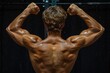 A muscular man's upper back, raise and bend both hands to demonstrate biceps, black background, generated with ai